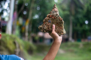 A boy holds an Old brick on the grass, and the background is blurred