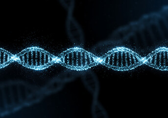 A stylized, glowing representation of a DNA double helix against a dark background.