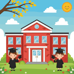 Cartoon graduates in caps and gowns standing in front of school building, vector illustration of graduation, achievement, and celebration