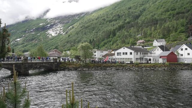 View of waterfall and church in Hellesylt, Sunnylvsfjorden, Stranda Municipality, Norway, Scandinavia, Europe