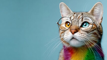 Cat with rainbow colored fur and glasses on its face