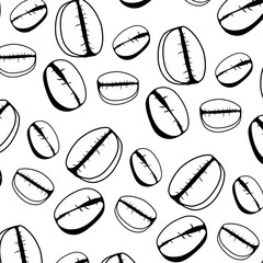 A seamless vector pattern featuring hand-drawn coffee beans in doodle style. Coffee beans are scattered randomly on a white background, perfect cafe branding, fabric prints, coffee packaging