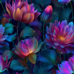 Luminous Fantasy Lotus Garden: Seamless Iridescent Bloom Pattern