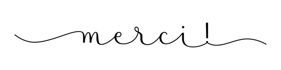 MERCI! (THANK YOU in French) black vector brush calligraphy banner with swashes