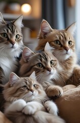 Adorable Group of Fluffy Cats Cozy Together Portrait Domestic Pets