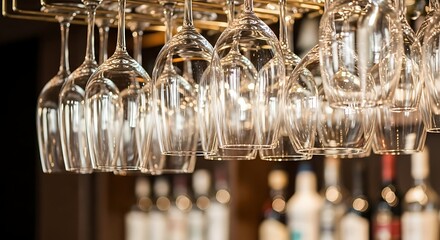 Elegant and Sparkling Clear Wine Glasses Hanging Upside Down on a Rack in a Sophisticated Bar or Restaurant Setting, Ready for Beverage Service and Upscale Events
