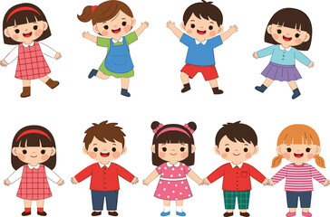 Group of eight cartoon children smiling and posing in colorful outfits, standing and holding hands in playful vector illustration