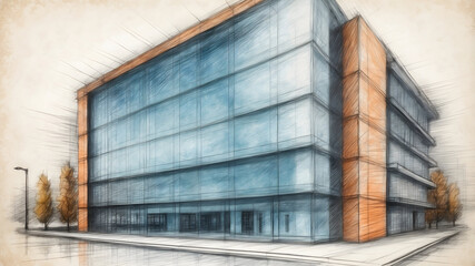 Modern Office Building with Glass Windows, Modern Building Illustration