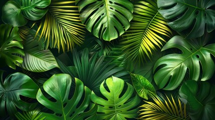 Lush canopy Monstera and palm fronds fill the frame, creating a rich, dense, green jungle effect