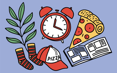 Playful doodle collage of food clock plant pizza newspaper hat and socks