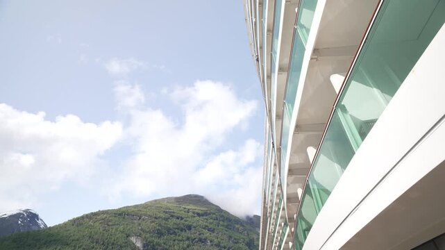 Elevated view from cruise ship of Hellesylt on sunny day in Hellesylt, Sunnylvsfjorden, Stranda Municipality, Norway, Scandinavia, Europe