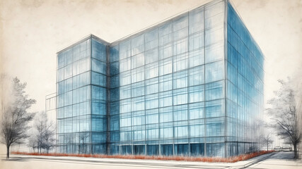 Modern Office Building with Glass Windows, Modern Building Illustration