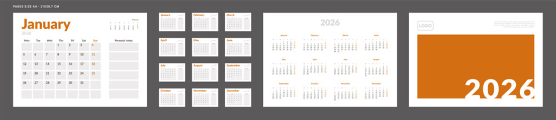 2026 Calendar Planner Set of Template Monthly Page with Note and cover with Place for Photo, Company Logo. Vector grid layout of wall or desk organizer with week start Monday for print. Pages size A4
