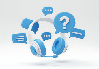 A 3D customer support headset with a microphone is surrounded by blue chat bubbles and a large question mark icon.