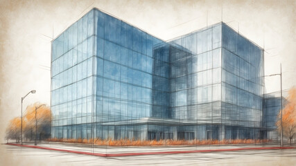 Modern Office Building with Glass Windows, Modern Building Illustration
