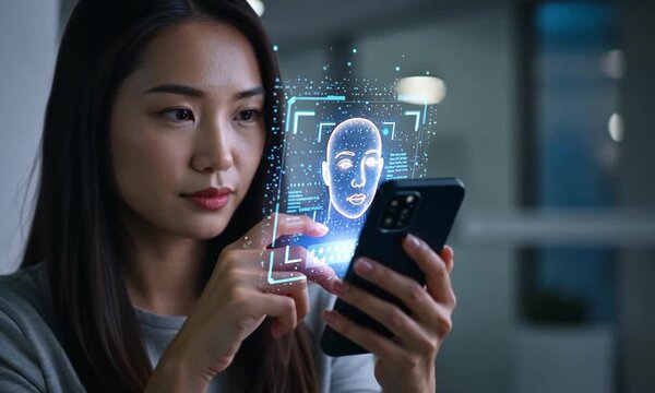 Woman using a smartphone with a holographic facial recognition interface overlay