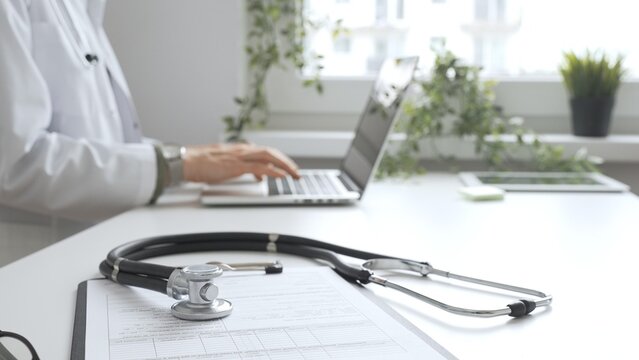 Stethoscope and medical records are on the desk opposite the doctor is typing on a laptop with a in a medical office, suggesting online healthcare or telemedicine services. Medicine concept