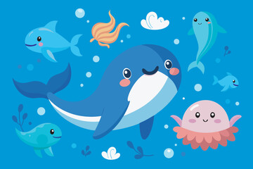 Cute cartoon whale dolphin jellyfish and fish swimming in the ocean with bubbles and seaweed isolated on white background silhouette