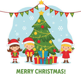 Three cartoon children in Christmas outfits standing by decorated tree with gifts, snowflakes, festive flags, and “Merry Christmas” text