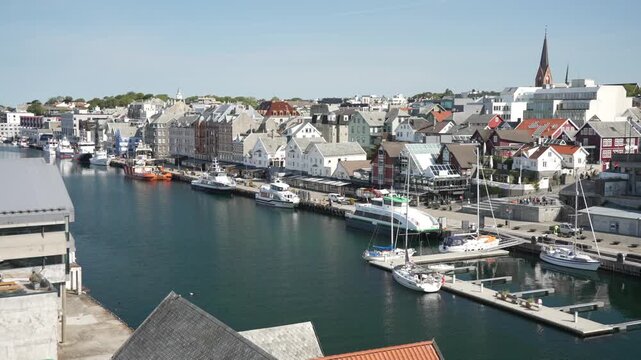 View of waterside architecture in Haugesund from Risoy Bridge on a sunny day, Haugesund, Rogaland County, Norway, Scandinavia, Europe
