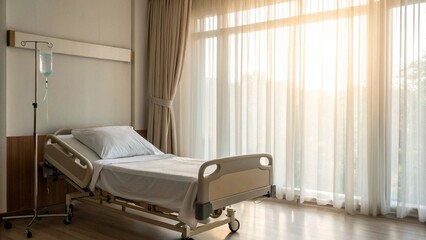 Empty hospital room with a clean, neatly made bed and an IV pole, bathed in natural light streaming through large windows with sheer curtains