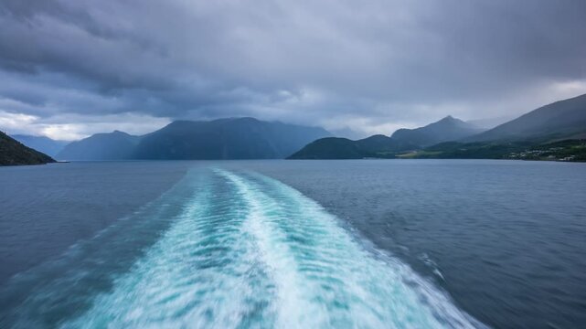 Hyper lapse of Sunnylvsfjorden from cruise ship on a cloudy day, Stranda Municipality, Norway, Scandinavia, Europe
