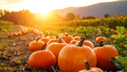 Autumn pumpkins in a field at sunset