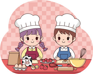 Two cartoon children baking together with ingredients and tools on table, wearing chef hats and aprons in kitchen setting