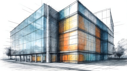 Modern Office Building with Glass Windows, Modern Building Illustration