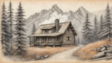 Abandoned House in the Mountains, Old House Illustration