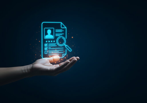 Hand holding glowing digital resume, magnifying glass, recruitment.