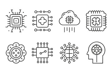 A collection of clean, modern technology icons including processors, cloud computing, and artificial intelligence concepts