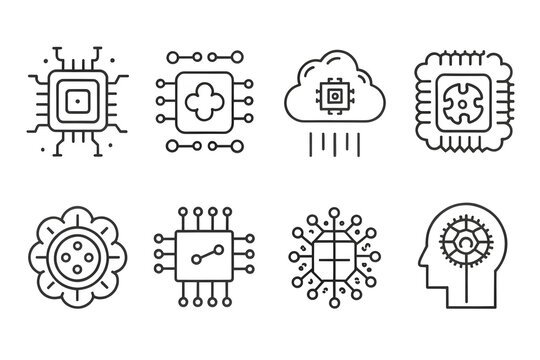 A collection of clean, modern technology icons including processors, cloud computing, and artificial intelligence concepts