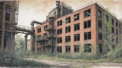 Old Abandoned Factory, Old Buildings Illustration, 