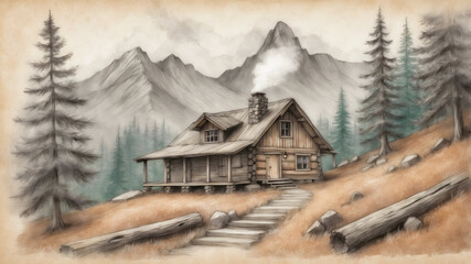 Abandoned House in the Mountains, Old House Illustration