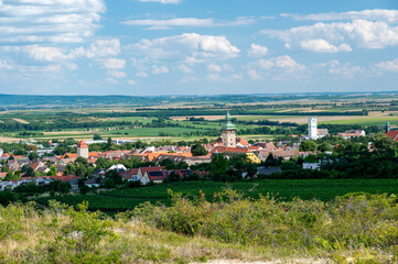 Panoramic view of Retz, Austria, with vineyards in the foreground and the town nestled in the scenic countryside under a clear blue sky on a warm summer day.