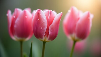 Close up view of a blooming pink tulip flower in spring garden