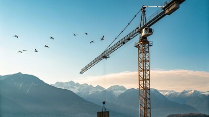 A majestic construction crane stands tall against a soft blue sky, with a hazy mountain range in the distant background