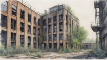 Old Abandoned Factory, Old Buildings Illustration, 