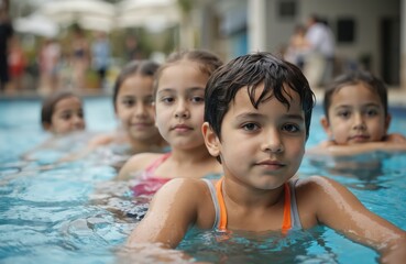 Diverse young children in swimming pool learning water safety skills. Group of kids, boys and girls, enjoy swimming class, gain confidence. Water activities, summer fun, lessons for youth.