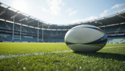 Rugby ball rests on green grass pitch. Stadium grandstands and rugby posts form blurred background. Bright sunlight illuminates playing field. Focus on ball, anticipation of game.