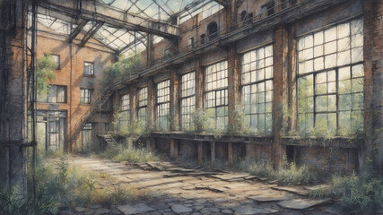 Old Abandoned Factory, Old Buildings Illustration, 
