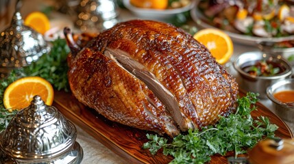 Premium hotel carving station with whole roasted duck, glazed crispy skin, wooden board, orange garnish, fresh herbs, silver serving domes, luxury restaurant display