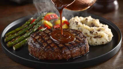 Premium whiskey steak sauce being poured over perfectly grilled beef filet with asparagus and mashed potatoes on elegant dark plate