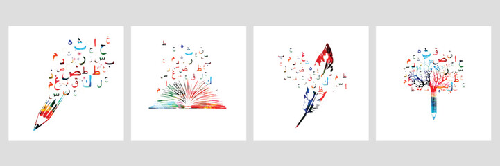 Arabic Islamic calligraphy symbols with book vector illustration. Colorful Arabic alphabet text design. Typography background, education concept, creative writing and storytelling	