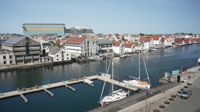 View of waterside architecture in Haugesund from Risoy Bridge on a sunny day, Haugesund, Rogaland County, Norway, Scandinavia, Europe