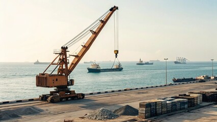 Dynamic scene at a bustling port with a large yellow crane as the focal point, positioned on the pier overlooking numerous cargo ships anchored in the distance
