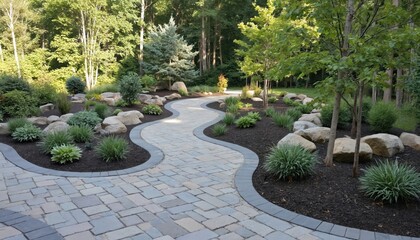 Winding paver walkway through landscaped backyard. Natural stone, plants define garden path, enhancing property curb appeal. Backyard design features decorative rocks, shrubs, bushes, lawn, trees.
