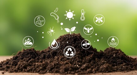 Smart farming concept with seedling in soil and agricultural technology icons for environmental control.