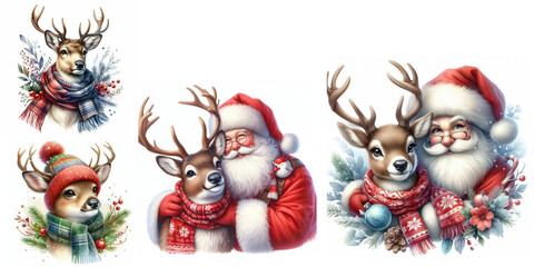 Santa claus with reindeer, Watercolor illustration gift christmas box, christmas, reindeer, deer, cartoon, animal, santa, deer